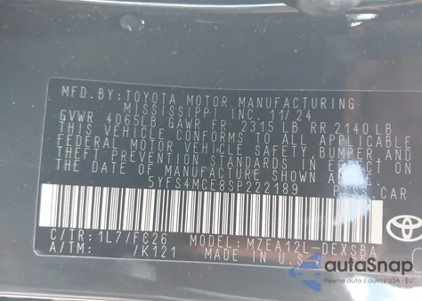 2025 Toyota Corolla Se from USA, damaged, VIN 5YFS4MCE8SP222189